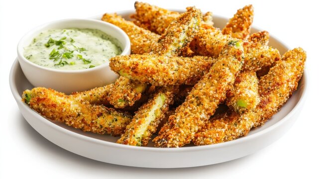 A plate of crispy avocado fries with a golden panko crust and a side of creamy cilantro lime dipping sauce, Each fry’s creamy interior and crunchy exterior captured with precision