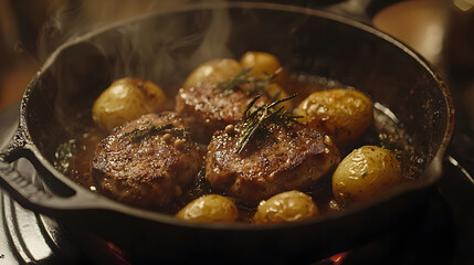 Delicious Saltimbocca in Small Cast Iron Skillet with Potatoes