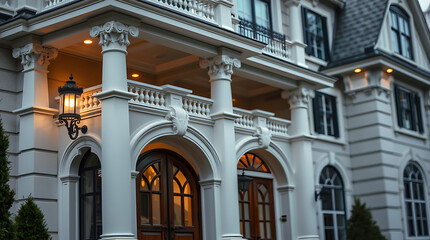 Obraz premium Majestic Classical Mansion: Architectural Grandeur and Elegance. A luxurious residence showcasing exquisite design, grand columns, and a captivating entrance. Discover the epitome of refined living.