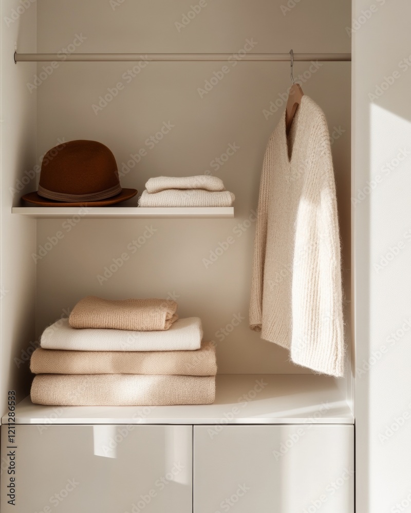 Aufkleber scandinavian micro apartment wardrobe neutral minimalism with labeled storage shelves and hooks - sm