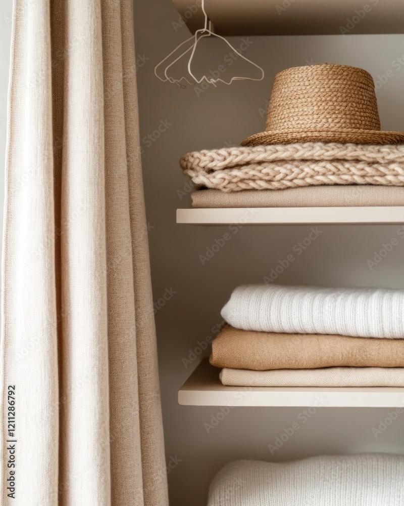 Poster contemporary micro living beige textured wardrobe with minimalist shelving for efficient urban space