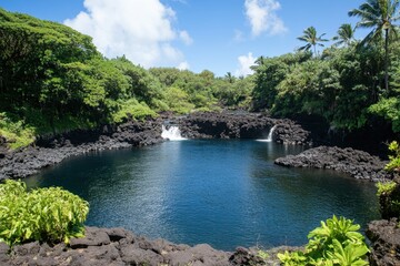 Fototapeta premium Serene Tropical Oasis with Black Lava Rocks Surrounded by Lush Greenery and Palm Trees under a Clear Blue Sky in a Stunning Hawaiian Landscape