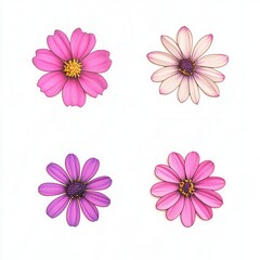 Four pink flowers, white background, craft design