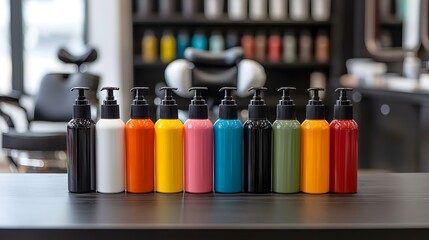 Vibrant Display of Brightly Colored Hair Dye Bottles in Modern Salon Setting