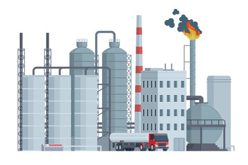 Oil Refinery Building Vector Illustration. Editable Chemical Factory Design with Modular Industrial Elements