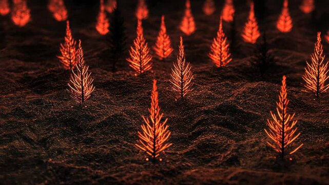 Glow of tiny trees illuminates dark landscape creating an ethereal forest