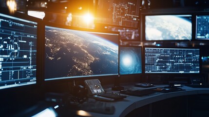 High-resolution satellite imaging control room, command center with monitors displaying Earth's surface, Space exploration style