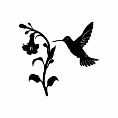 A hummingbird is on a flower. The flower is on a stem. The hummingbird is black