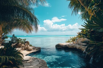 Serene Tropical Paradise with Crystal Clear Waters and Lush Greenery Surrounded by a Stunning Caribbean Landscape Under a Bright Blue Sky