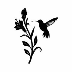 Obraz premium A hummingbird is on a flower. The flower is on a stem. The hummingbird is black