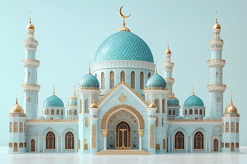 Fototapeta premium Islamic decoration background for Ramadan with lantern and mosque 3D rendering. 3D Illustration