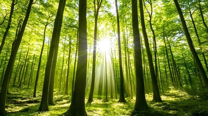 Obraz premium Sunlight filters through tall trees in a serene forest, evoking tranquility and natural harmony