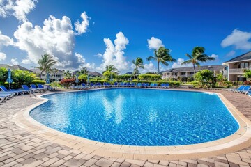 Serene Tropical Pool Surrounded by Lush Greenery and Beautiful Blue Sky with Fluffy Clouds Perfect for Relaxation and Calm Vacation Vibes