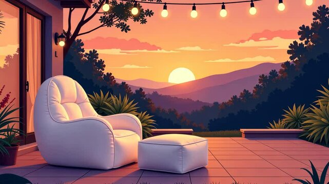 A white chair is on a patio with a white ottoman. The chair is facing a mountain range and the sun is setting