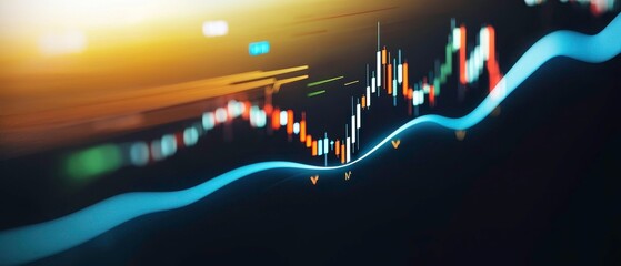 A dynamic financial chart displaying colorful candlesticks and a flowing blue line, symbolizing market trends and data analysis.