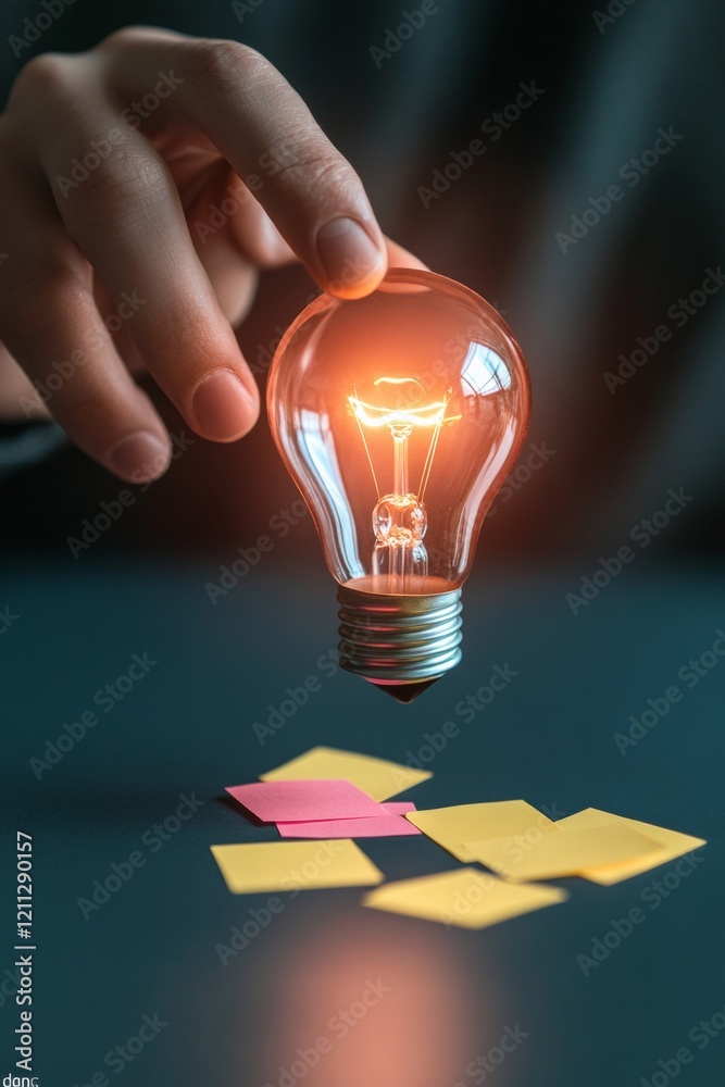 Aufkleber dynamic ideation hub hand holding illuminated bulb over colorful sticky notes on table - modern crea