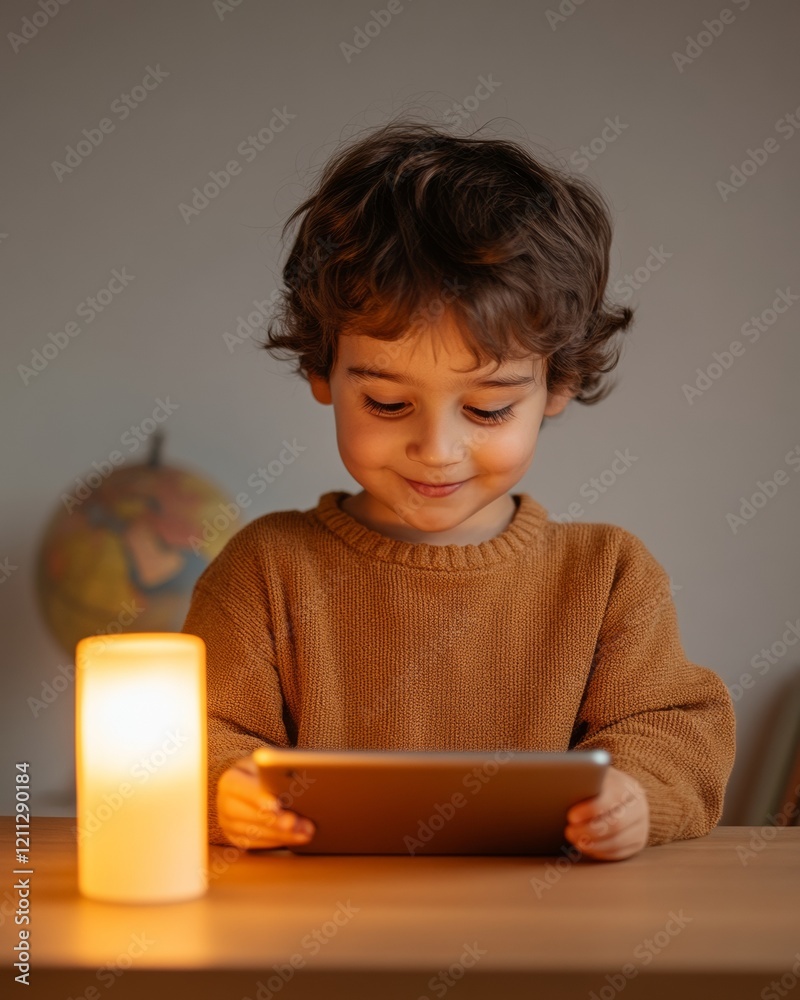 Poster interactive learning experience young indian boy engaged with tablet at wooden desk illuminated by s