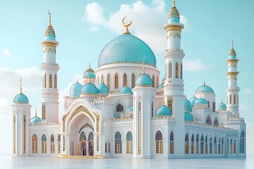 Obraz premium Islamic decoration background for Ramadan with lantern and mosque 3D rendering. 3D Illustration