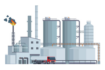 Oil Refinery Building Vector Illustration. Editable Chemical Factory Design with Modular Industrial Elements