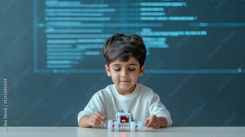 Poster Tech-Savvy Classroom Indian Boy, Age 11, Showcases Interactive Robot Project on Smooth Surface - Advancing STEM Education and Creative Learning in Modern Digital Schools