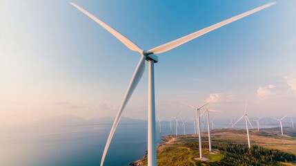 Fototapeta premium Coastal Wind Turbines Generating Clean Energy at Sunset