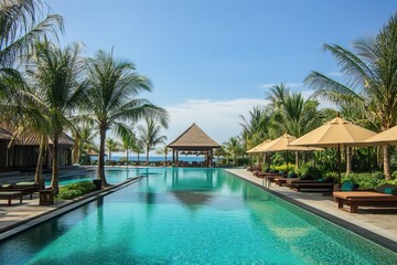 Fototapeta premium Serene Tropical Resort Pool Surrounded by Lush Palm Trees and Sunny Skies, Inviting Relaxation and Leisure in a Tranquil Paradise Setting