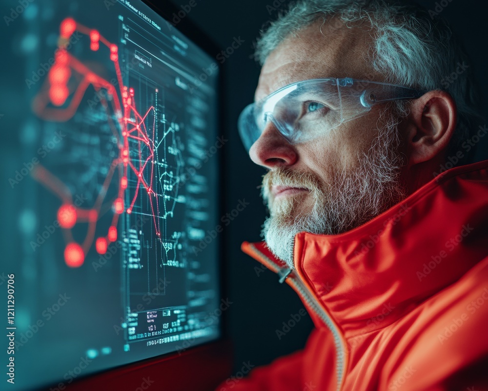 Poster hi-tech aviation dashboard digital meteorologist analyzing graphs and forecasts - air travel safety 