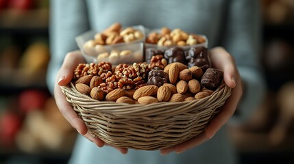 Woman holding a basket of assorted nuts and chocolate.