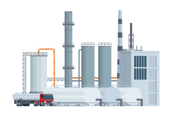 Oil Refinery Building Vector Illustration. Editable Chemical Factory Design with Modular Industrial Elements