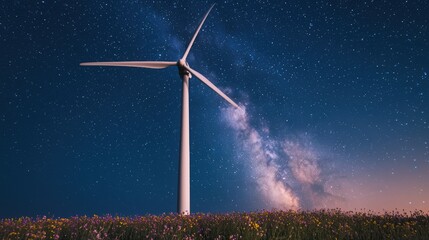 Wind Turbine Under a Starry Night Sky with Wildflowers