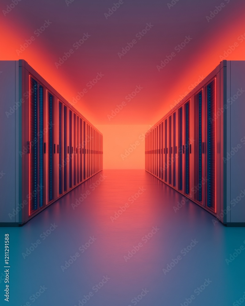 Fototapete neon data center landscape illuminated server halls with digital glow - advanced tech solutions for 