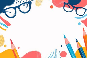Colorful abstract background with eyeglasses and pencils; copy space.