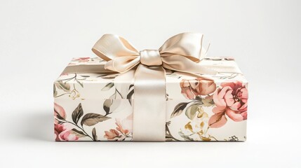 Elegant floral gift box with satin ribbon on a light background