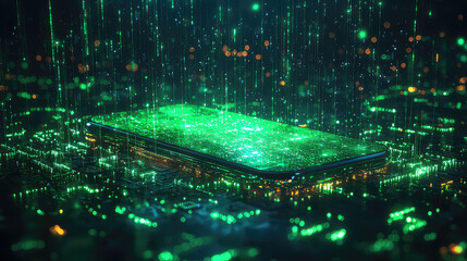 Futuristic smartphone with green digital data stream.