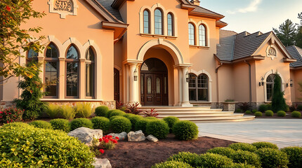 Fototapeta premium Luxury House Exterior: Elegant Home Architecture and Landscaping Design
