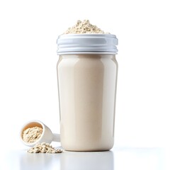Natural Protein Powder Jar with Scoop and Dust on White Background, Generative AI.