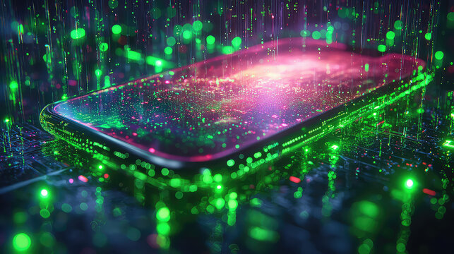 Futuristic smartphone displaying vibrant digital data streams and glowing circuit board.