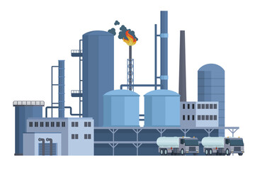 Obraz premium Oil Refinery Building Vector Illustration. Editable Chemical Factory Design with Modular Industrial Elements