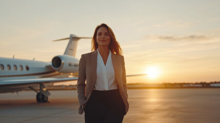 Executive Arrival: A confident businesswoman strolls confidently towards a private jet against the backdrop of a breathtaking sunset, evoking a sense of ambition, success, and executive travel.