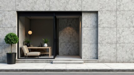 Modern Minimalist Storefront Design Featuring a Small Seating Area with a Wooden Table, Two Armchairs, and Potted Plants, All within a Stylish Glass Enclosure