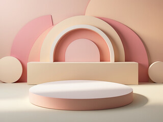 Fototapeta premium Minimalist 3D composition with soft pastel tones, featuring geometric arches and circular podiums, perfect for branding or product displays.