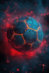 Futuristic Soccer Ball, Glowing Hexagonal Panels in Red and Blue Nebula