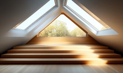 Obraz premium Wooden stairs, skylights, sunlit attic, tranquil view.
