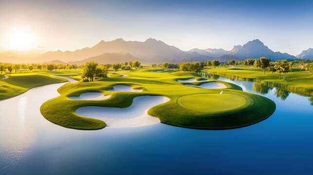 well-maintained golf course surrounded by natural landscapes, featuring sand traps, water features, and lush greenery under a clear blue sky.