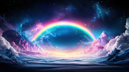 Obraz premium A breathtaking fantasy sky filled with vibrant rainbows stretching across a surreal, dreamy landscape, glowing with magical colors and ethereal light.