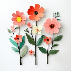 Paper flowers, white background, spring design, craft