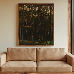 Modern Living Room  Beige Sofa  Forest Art Print  Interior Design