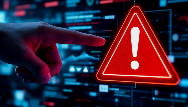 Businessperson Points to a Red Alert on a Futuristic Interface
