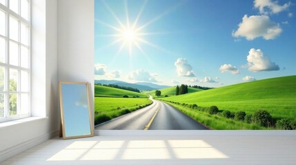 Fototapeta premium Serene Landscape Mural An Open Road Through Rolling Green Hills Under a Bright Sunny Sky, Perfect for a Room Decor Upgrade