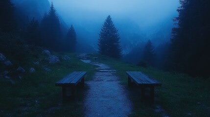 Misty Mountain Path: Two Benches Await in Twilight